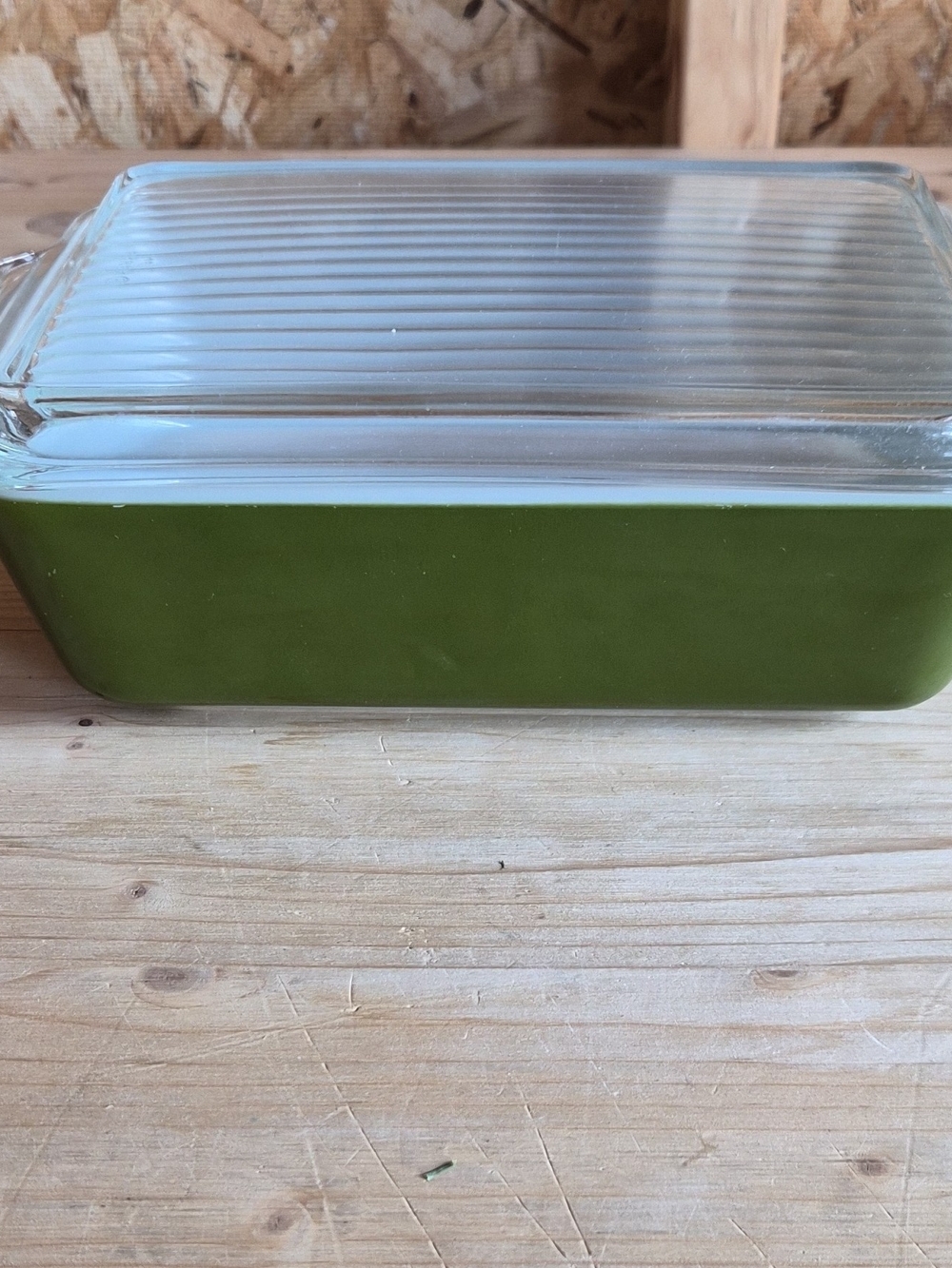 Pyrex Olive Green Glass Butter Dish with Ribbed Clear Lid
